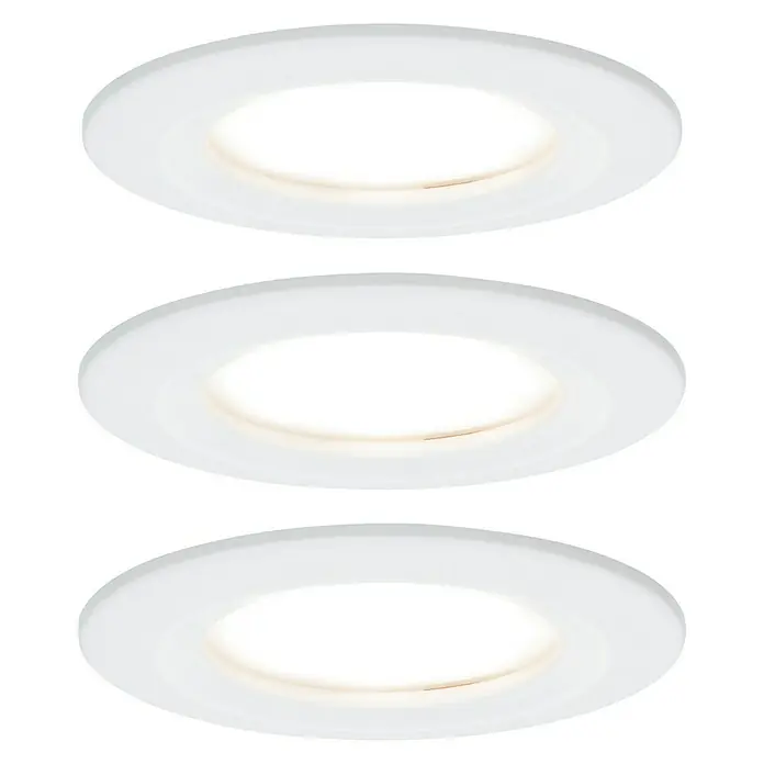 Paulmann Nova LED-Einbauleuchten-Set - 6,5 W, 3 Stk., Warmweiß, Durchmesser: 7,8 cm, Weiß - Drei runde, weiße LED-Deckeneinbauleuchten, die übereinander angeordnet sind und ein sanftes, warmes Licht ausstrahlen.