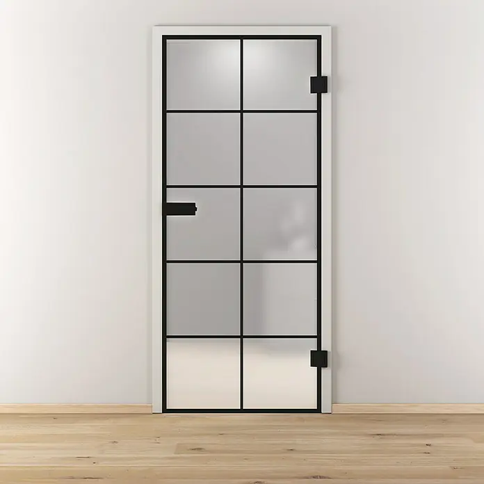Diamond Doors Black Edition Glasdrehtür Loft - 834 x 1.972 mm, DIN Rechts, Milchglas - Diese Abbildung zeigt eine moderne Glastür mit schwarzem Rahmen und Griff, die sich ideal für stilvolle Innenräume eignet.