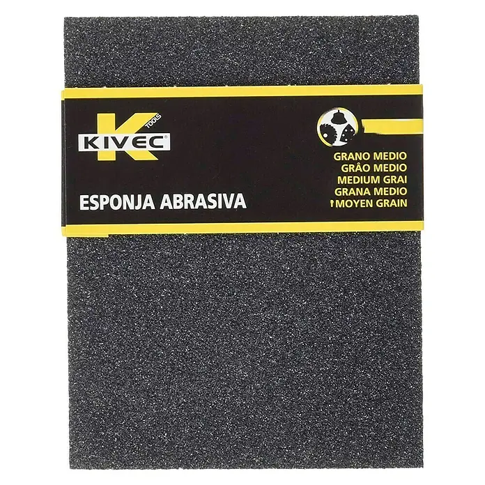 Taco de lijado KV-EMEDIO - L x An x Al: 12,5 x 10 x 1,2 cm - Imagen de una esponja abrasiva Kivec negra, ideal para tareas de lijado. Grano medio para aplicaciones versátiles.