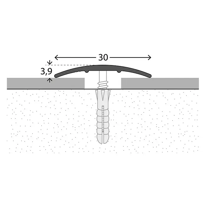 LOGOCLIC Übergangsprofil 130 - Edelstahl matt, 1 m x 30 mm x 3,9 mm, Montageart: Schrauben - Illustration eines Übergangsprofils mit Schraube und Dübel zur Bodenbefestigung, Maße 30 mm Breite und 3,9 mm Höhe.