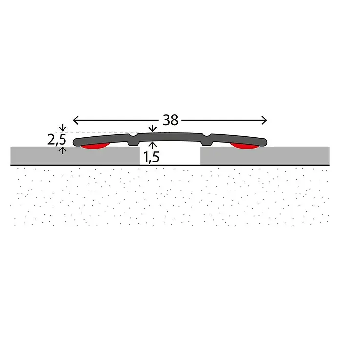 LOGOCLIC Übergangsprofil 132 - Sahara, 1 m x 38 mm x 2,5 mm, Montageart: Kleben - Illustration eines Übergangsprofils mit den Maßen 38 mm Breite, 2,5 mm Höhe an der Seite und 1,5 mm Höhe in der Mitte.