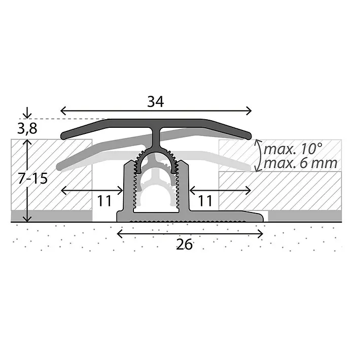 MyStyle MyArt Universalprofil 3in1 Misty Plains Oak - 1 m x 34 mm x 15 mm, Montageart: Stecken - Technische Zeichnung eines Übergangsprofils mit Maßangaben für Bodenbeläge, ideal für Höhenausgleich und saubere Abschlüsse.