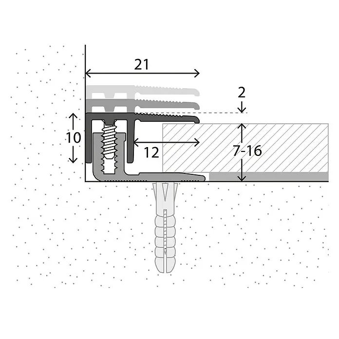 LOGOCLIC Abschlussprofil 222 - Silber, 2,7 m x 21 mm, Montageart: Schrauben - Technische Zeichnung eines Treppenkantenprofils mit Maßangaben für Montage.