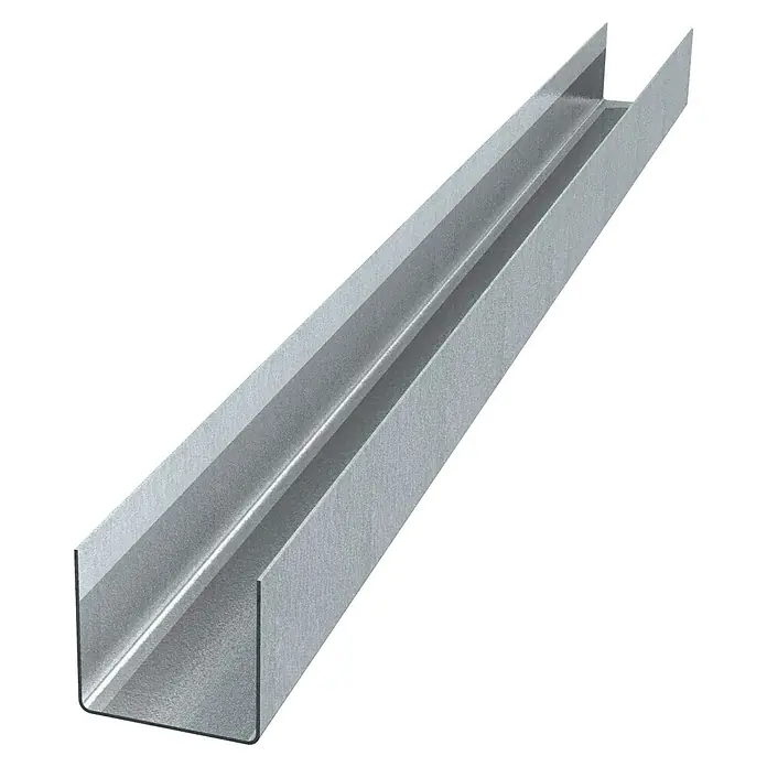 Probau UD-Wandanschlussprofil - 300 x 2,8 x 2,7 cm, Verzinkt - Nahaufnahme eines U-Profils aus Metall, das in der Bauindustrie für Stabilität und Haltbarkeit verwendet wird. Ideal für Rahmen und Träger.