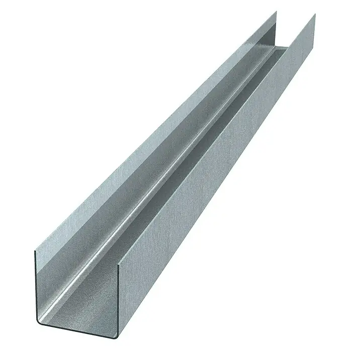 Probau UD-Wandanschlussprofil300 x 2,8 x 2,7 cm, Verzinkt - Nahaufnahme eines U-Profils aus Metall, das in der Bauindustrie für Stabilität und Haltbarkeit verwendet wird. Ideal für Rahmen und Träger.