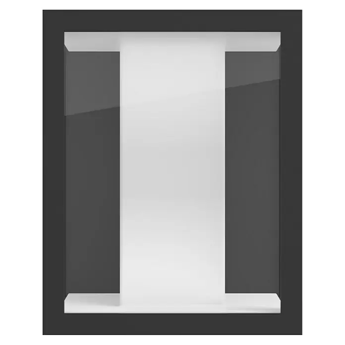 Philips Hue LED-Außenwandleuchte Impress - 8 W, 11,7 x 19 x 24 cm, Schwarz, IP44 - Ein stilvolles, modernes Schaufenster mit einem schwarzen Rahmen und einer weißen Ausstellungsfläche. Ideal zur Präsentation von Produkten.