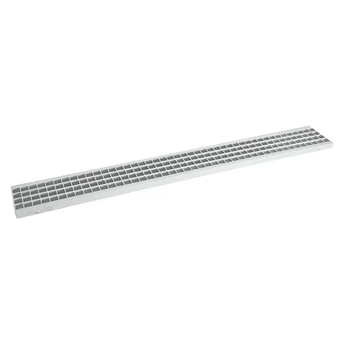 Dakota Rejilla de cubierta con Clip - 13 x 100 cm, Polipropileno, Gris - Imagen de una rejilla de desagüe de suelo rectangular blanca con aberturas cuadradas, diseñada para sistemas de drenaje en baños o duchas.