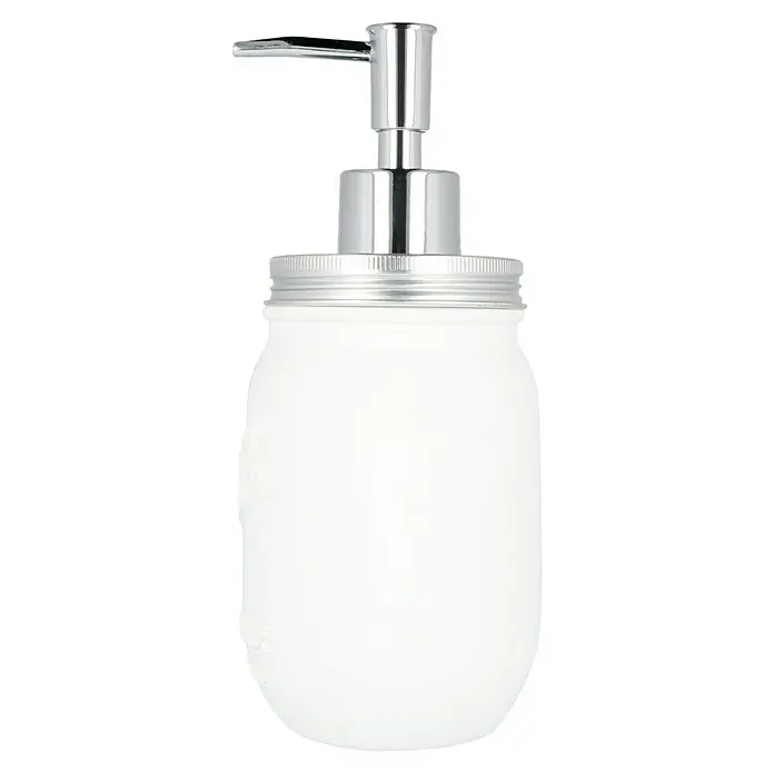 Venus Bath Seifenspender - Polyresin, Weiß - Weiße Seifenspenderflasche im Einmachglas-Design mit einem glänzenden, silberfarbenen Spender für Badezimmer oder Küche.