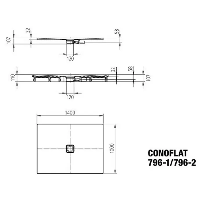 Kaldewei Duschwanne Conoflat 796-1 - L x B: 100 x 140 cm, Stahl, Weiß - Technische Zeichnung des CONOFLAT 796-1/796-2 Duschbodens mit Bemaßungen für Installation und Design.