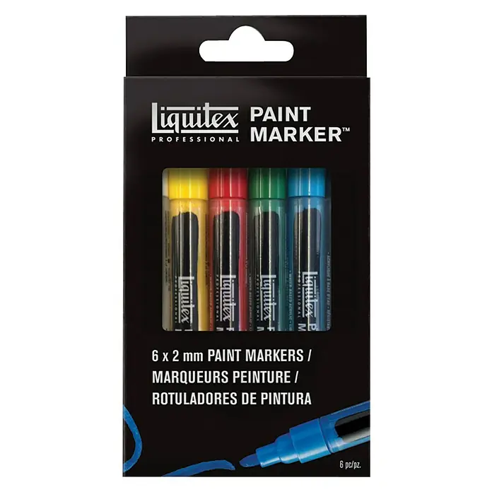 Liquitex Professional Marker-Set Paint Marker - 6 Stk., Mehrfarbig, 2 mm - Eine Packung Liquitex Professional Paint Marker mit 6 wasserbasierten Acrylmarkern in verschiedenen Farben zum Malen und Gestalten.