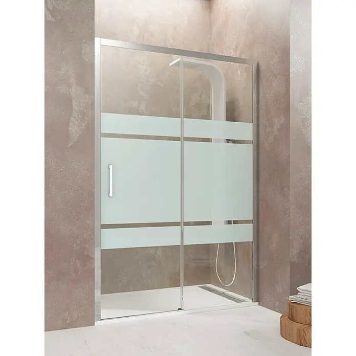 GME Mampara de ducha frontal Aktual - 120 x 195 cm, Vidrio serigrafiado, Plata brillo - Cabina de ducha corredera con franjas de vidrio esmerilado. La cabina de ducha tiene un marco plateado elegante y forma rectangular, ideal para baños modernos.