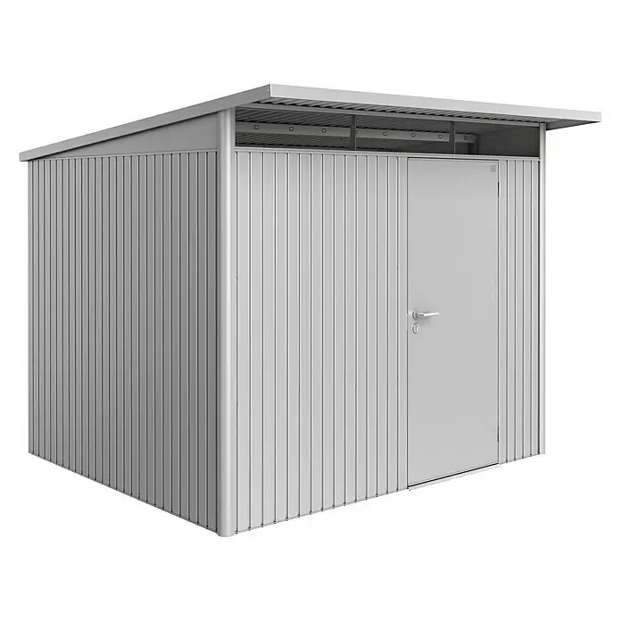 Biohort AvantGarde Gerätehaus AvantGarde - Außenmaß inkl. Dachüberstand (B x T): 260 x 260 cm, Stahl, Silber Metallic, Einzeltür - Linke Seitenansicht
