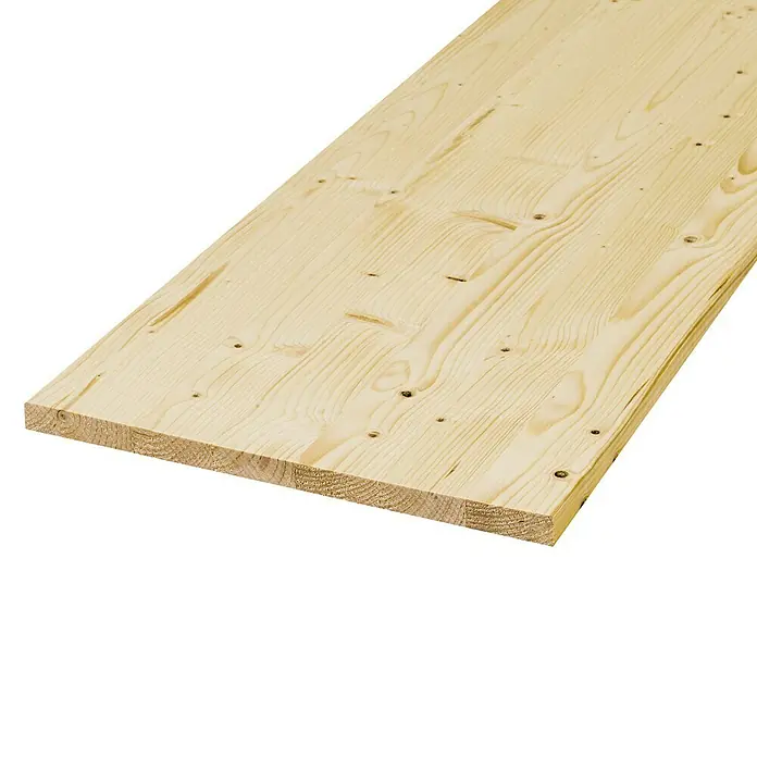 Exclusivholz Leimholzplatte - Fichte, Qualitätsstufe Leimholzplatte: A/B, 1.200 x 200 x 28 mm - Nahaufnahme einer hellen, unbehandelten Holzplatte mit sichtbarer Maserung und einigen Astlöchern auf schwarzem Hintergrund.