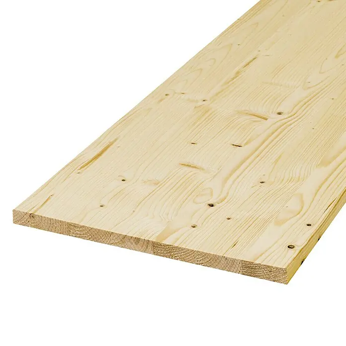 Exclusivholz LeimholzplatteFichte/Tanne, 2.000 x 500 x 18 mm - Ansicht einer hellen, unbehandelten Holzplatte mit deutlicher Maserung und sichtbaren Holzspänen, ideal für Bau- oder Bastelprojekte.