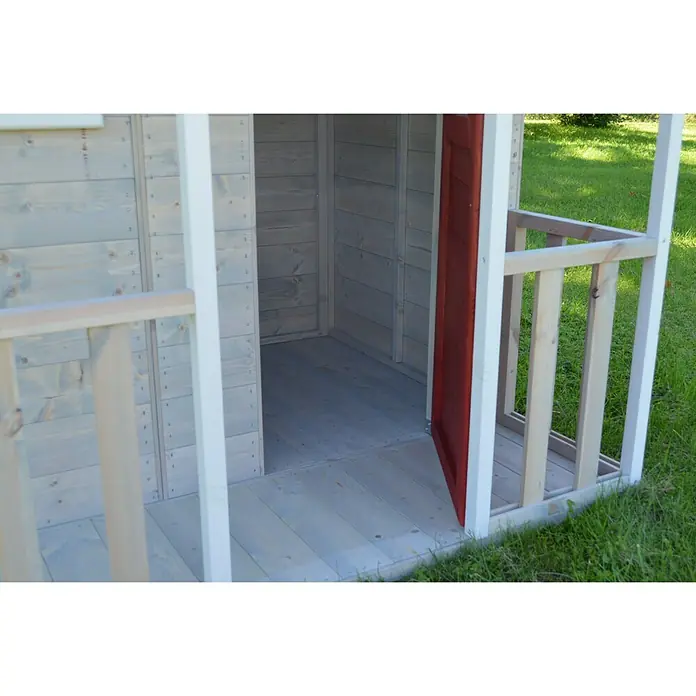 Wendi Toys Spielhaus Fuchs - L x B x H: 120 x 120 x 155 cm, Holz, Natur/Rot - Nahaufnahme eines hellgrauen Holzspielhauses mit roter Tür und weißem Geländer, das einladend und fantasievoll ist.