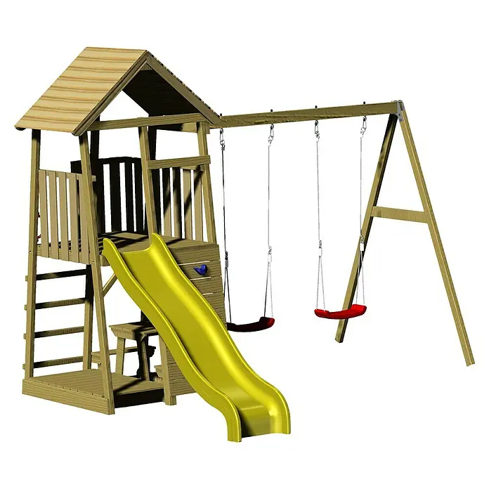 Wendi Toys Kinderspielturm Giraffe - Natur/Gelb - Ein farbenfroher Spielturm mit Rutsche und Schaukel bietet Kindern vielfältige Spielmöglichkeiten im Garten.