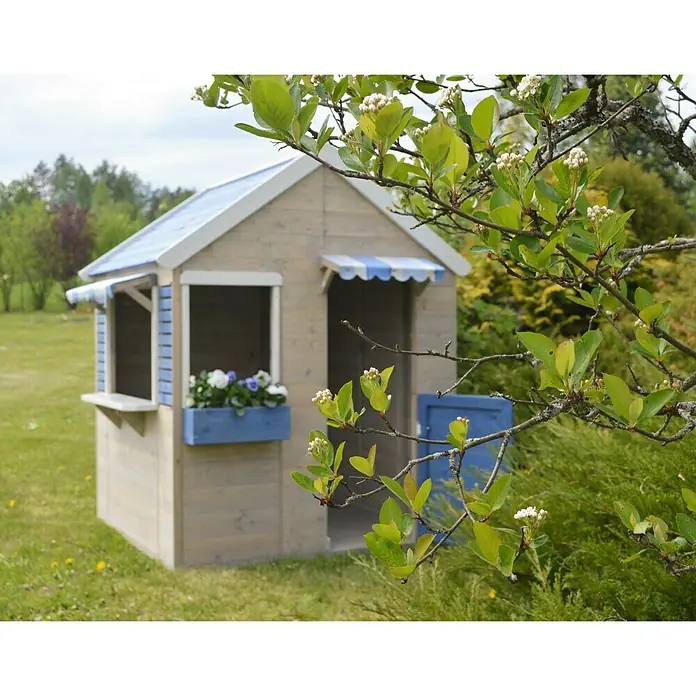 Wendi Toys Spielhaus Delfin - Holz, Natur/Blau - Ein charmantes Spielhaus mit blauem Akzenten und einem Blumenkasten, perfekt für fantasievolle Spiele im Garten.