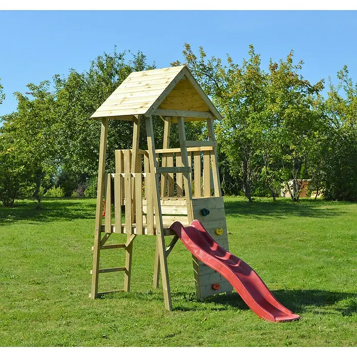Wendi Toys Kinderspielturm Hase - Natur/Rot - Holzspielturm mit Rutsche und Kletterwand für den Garten. Der Turm bietet Spaß und Bewegung im Freien.