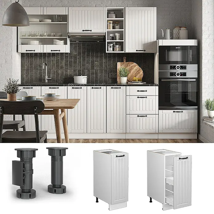 Vicco Schrankküche Fame-Line Weiß Landhaus ohne Arbeitsplatte - Weiß Landhaus, Apothekerunterschrank 30 cm