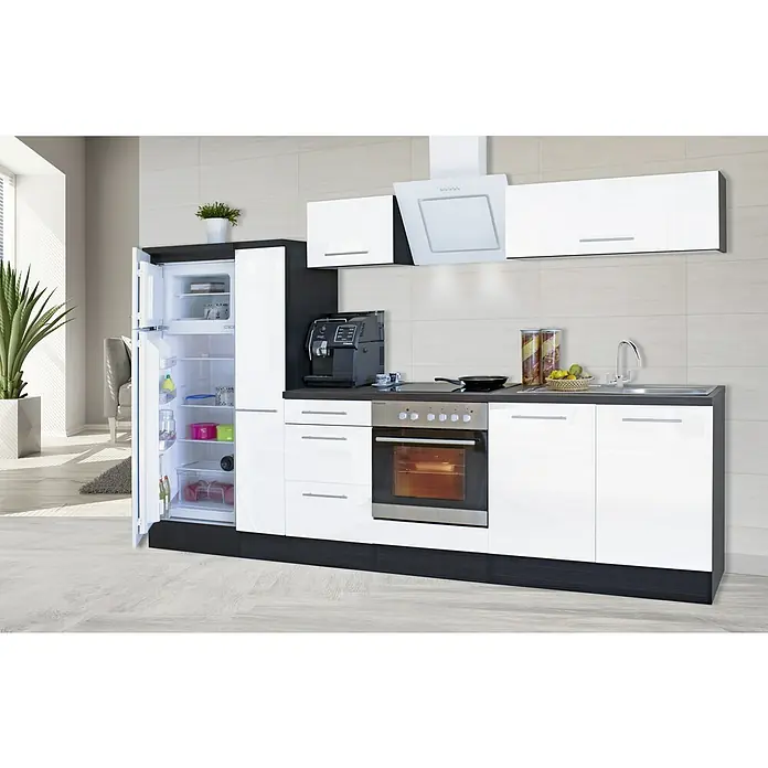 Respekta Premium Küchenzeile RP300EWCBO - Breite: 300 cm, Weiß, Mit Elektrogeräten - Küchenzeile mit modernen weißen Schränken, integriertem Kühlschrank, Herd und Dunstabzugshaube für eine stilvolle Küchengestaltung.