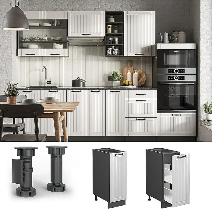 Vicco Schrankküche Fame-Line Weiß Landhaus ohne Arbeitsplatte - Weiß Landhaus, Apothekerunterschrank 30 cm