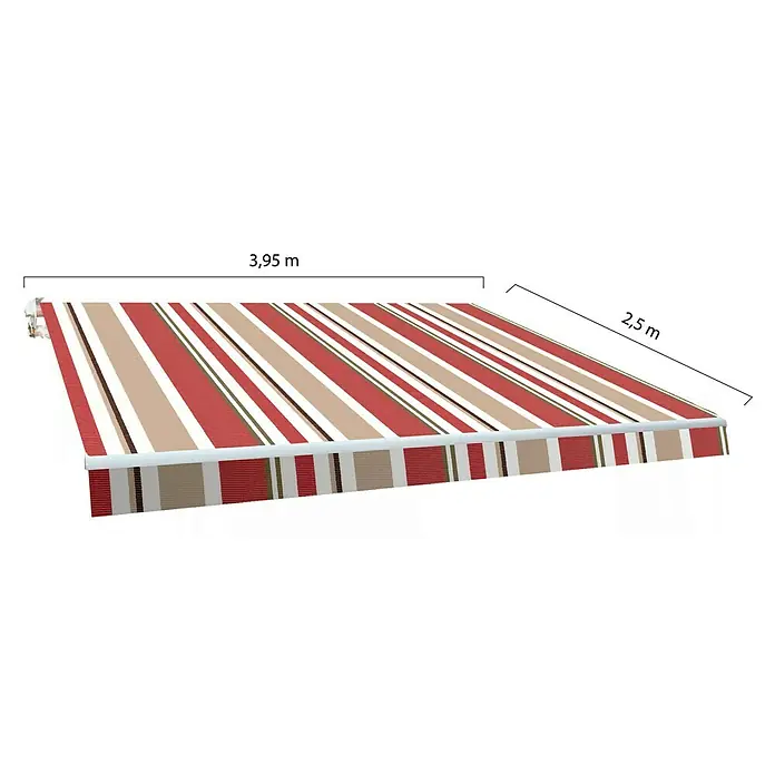 SmartSun Toldo de brazos extensibles Original Kit Poliéster - Beige/Burdeos, Ancho: 4 m, Caída: 2,5 m - Imagen de un toldo con rayas rojas, beige y marrones.