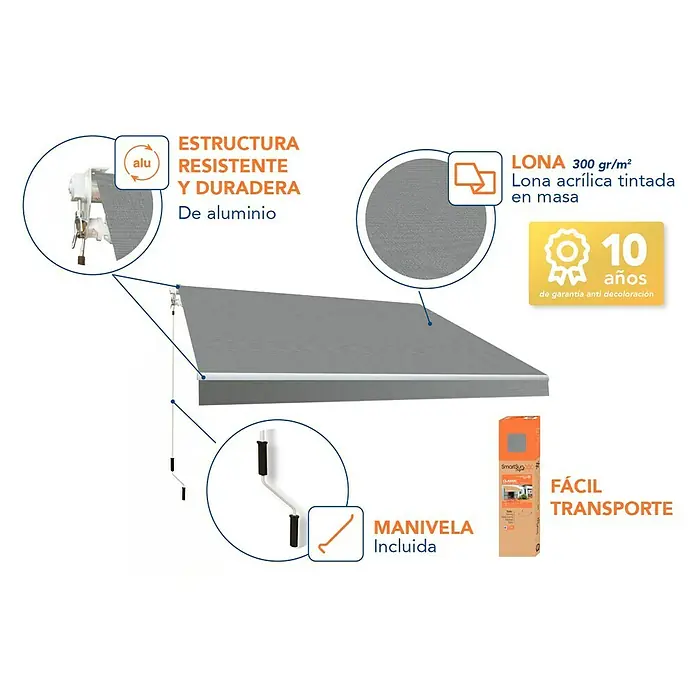 SmartSun Toldo de brazos extensibles Original Kit Acrílico - Gris, Ancho: 3 m, Caída: 2 m - Imagen de un toldo SmartSun CLASSIC, destacando características como estructura, lona, manivela y fácil transporte.