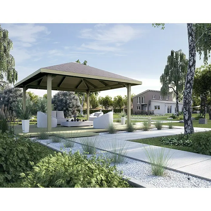 Weka Pavillon Gartenoase 651 A - L x B: 480 x 480 cm, Mit H-Ankerset - Eine attraktive Gartenlaube mit stilvollen Gartenmöbeln und einem gepflegten Außenbereich, die zum Entspannen im Freien einlädt.