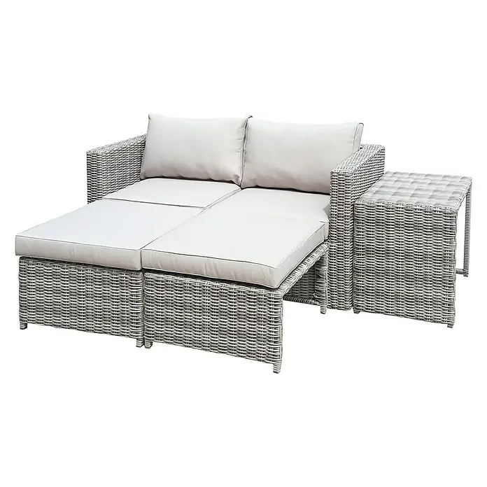 Conjunto de muebles Delma - 5 pzs., Ratán sintético, Gris - Juego de muebles de jardín de ratán gris con cojines cómodos, compuesto por un sofá y una mesa auxiliar.
