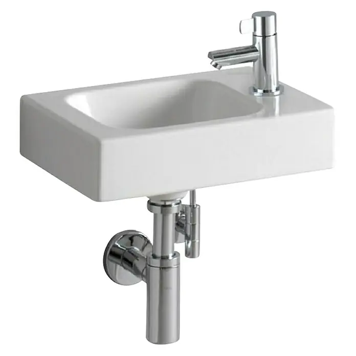 Geberit iCon Waschbecken xs - 38 x 28 cm, Mit schmutzabweisender Glasur, Hahnloch: Rechts, Weiß, Ablagefläche: Rechts - Elegantes weißes Aufsatzwaschbecken mit modernem Chromhahn und stilvollem Siphon für ein zeitgemäßes Badezimmerdesign.