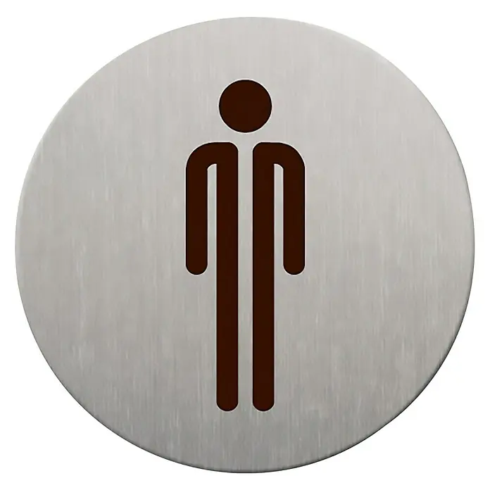 Rótulo - Plateado/Negro, Caballeros, 9 cm - Símbolo en una superficie metálica redonda que representa una figura masculina estilizada, típica de las señales de baño de hombres.