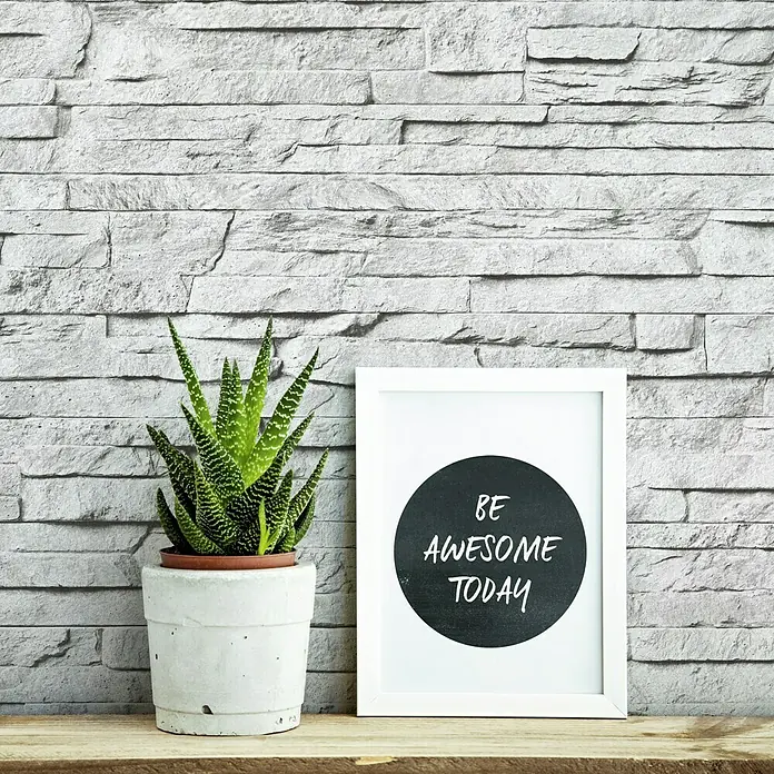 Grosfillex Panel de pared Element 3D Paramento blanco - L x An: 260 x 37,5 cm - Un elegante arreglo que presenta una suculenta en maceta y una impresión enmarcada que dice "Be Awesome Today", sobre un fondo de ladrillo gris.