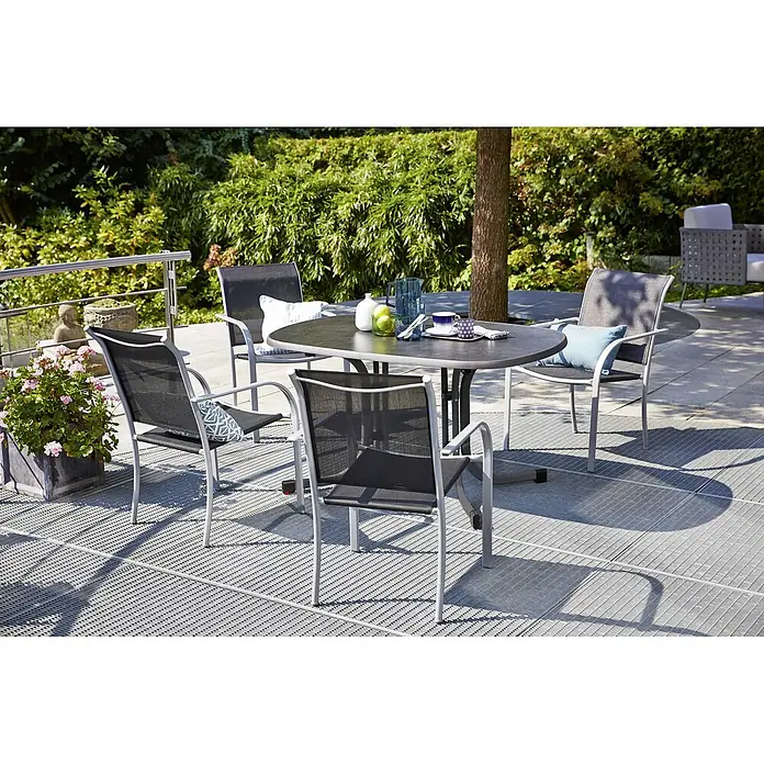 Sunfun Amy Gartenstuhl - Stapelbar, Schwarz, Silber, B x T x H: 56 x 66 x 86 cm - Runder Gartentisch mit vier Stühlen, ideal für entspannte Stunden im Freien. Das Set besticht durch sein modernes Design und hochwertige Materialien.
