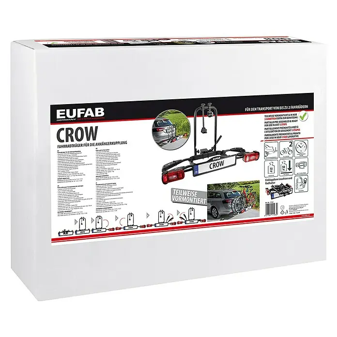 Eufab Fahrradträger Crow - Geeignet für: 2 Fahrräder, Max. Ladegewicht: 50 kg, Passend für: Fahrzeuge mit Anhängerkupplung - Produktverpackung des Eufab Crow Fahrradträgers für bis zu zwei Fahrräder, teilweise vormontiert und einfach zu bedienen.
