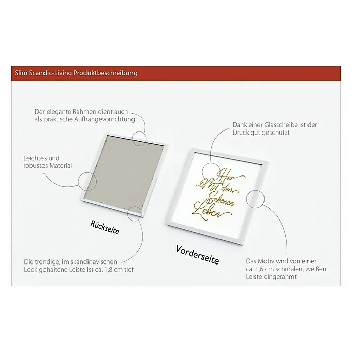 ProArt Bild - Schönes Leben, B x H: 33 x 33 cm - Produktbeschreibung eines Slim Scandic-Living Bilderrahmens mit Details zu Design und Material, inklusive Rück- und Vorderansicht.