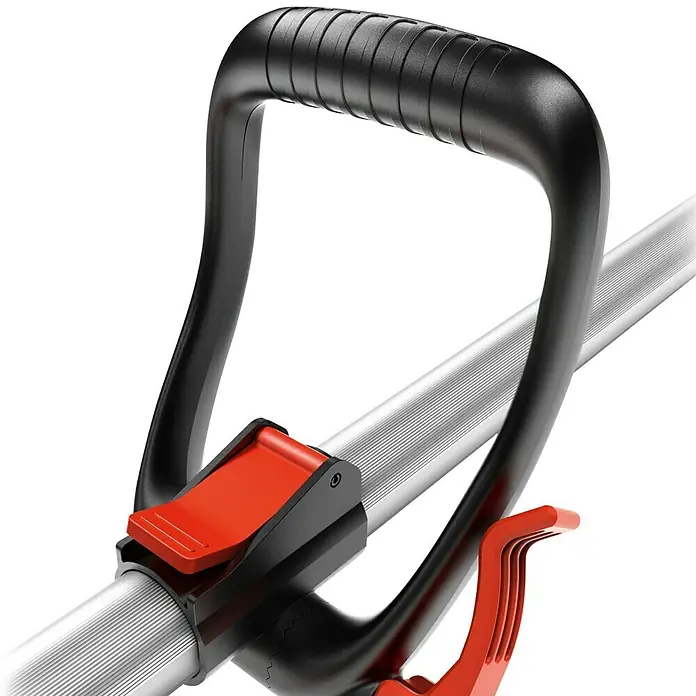 Einhell Power X-Change 18V Akku-Multifunktionswerkzeug GE-HC 18 Li T Kit - 18 V, Li-Ionen, 3 Ah, 1 Akku, Schnittlänge: 40 cm - Nahaufnahme eines schwarzen und roten Universal-Greifwerkzeugs mit silbernem Schaft. Ideal zum Heben und Greifen schwer erreichbarer Gegenstände.