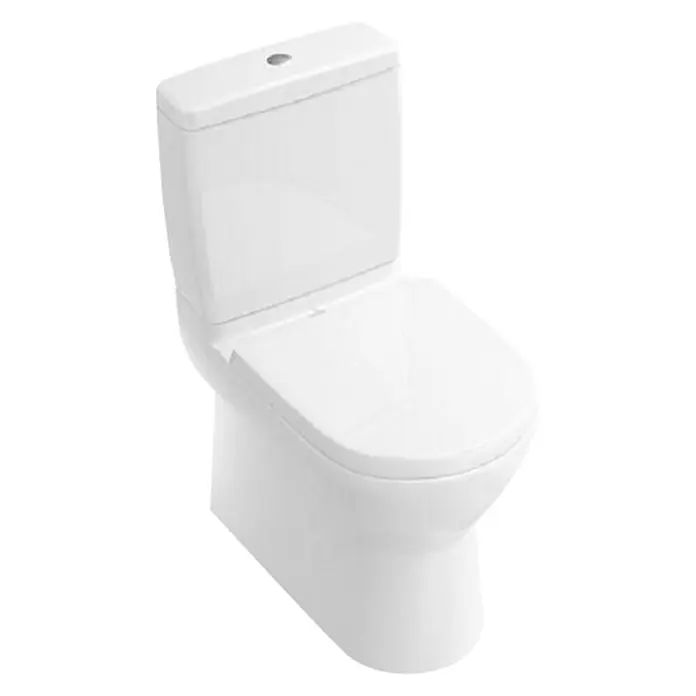 Villeroy & Boch O.novo Stand-WC für Kombination Typ 1 - Mit Spülrand, Mit schmutzabweisender Glasur, Spülform: Tief, WC Abgang: Waagerecht, Weiß - Nahaufnahme einer weißen Toilette mit Spülkasten, die ein sauberes und modernes Design für Badezimmer zeigt.