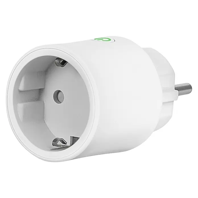 Osram Smart+ Smart-Steckdose matter - Innen, Weiß, 2 Stk. - Nahaufnahme eines smarten, weißen Steckdosenadapters mit Eurostecker und grünem Power-Symbol.