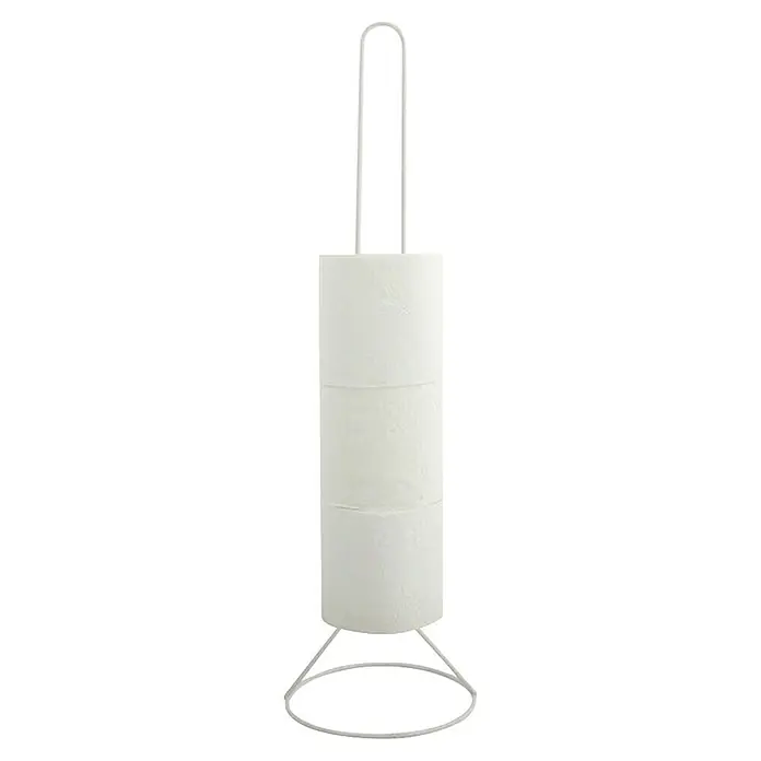 MSV Portarrollos papel higiénico - Acero, Blanco - Primer plano de un portarrollos de papel higiénico de metal con tres rollos de papel higiénico sobre él, sobre un fondo neutro.