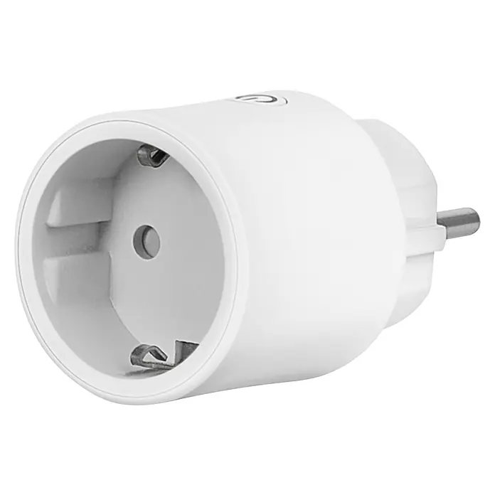 Osram Smart+ Smart-Steckdose matter - Innen, Weiß, 2 Stk. - Detailaufnahme eines weißen Smart-Home-Zwischensteckers mit Schutzkontakt-Steckdose und Ein-/Aus-Taste.