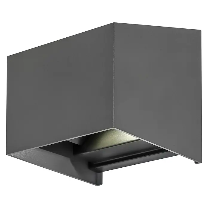BAUHAUS LED-Solar-Außenwandleuchte Umea - 1,8 W, Aluminium, Warmweiß, Anthrazit - Nahaufnahme einer modernen, grauen LED-Deckenleuchte. Elegantes, minimalistisches Design für Innenräume mit indirekter Beleuchtung.