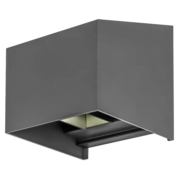 BAUHAUS LED-Solar-Außenwandleuchte Umea - 1,8 W, Aluminium, Warmweiß, Anthrazit - Nahaufnahme einer grauen, kubischen Deckenleuchte, die ein helles, quadratisches Lichtelement zeigt. Modernes Design für Innenräume.