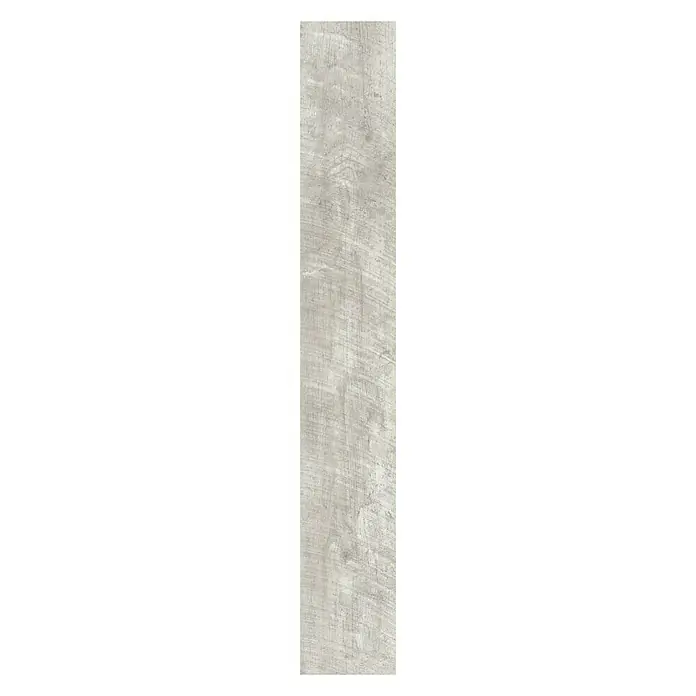 LOGOCLIC Laminado Alabaster Barnwood - 1.285 x 192 x 10 mm, Roble gris claro, AC5 - Un solo elemento de madera gris alargado con grano y textura visibles, ideal para suelos o revestimientos de paredes.