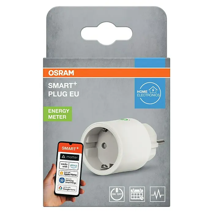 Osram Smart+ Smart-Steckdose matter - Weiß, Max. Anschlussleistung: 2.300 W - Verpackung eines smarten OSRAM SMART+ Steckers für den europäischen Markt mit Energiemessfunktion und Kompatibilität zu Smart Home Systemen.