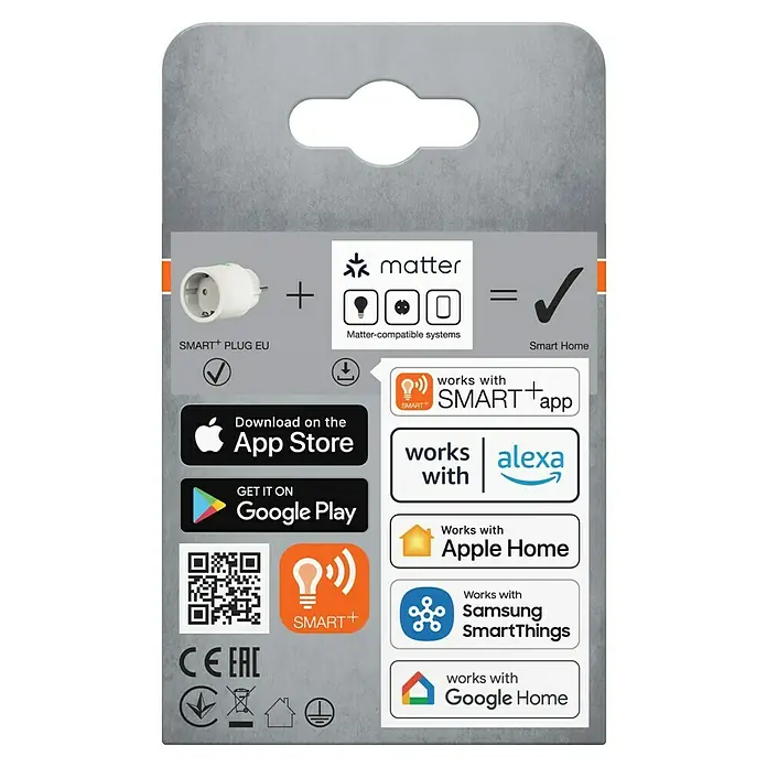 Osram Smart+ Smart-Steckdose matter - Weiß, Max. Anschlussleistung: 2.300 W - Verpackung für einen Smart+ Plug EU, der mit Matter-kompatiblen Systemen und Smart Home-Plattformen wie Alexa und Google Home funktioniert.