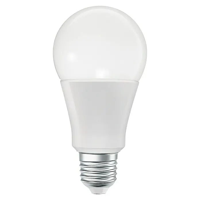 Osram Smart+ Smart-LED-Lampe matter - E27, Dimmbar, RGBW, 1.521 lm, 14 W - Nahaufnahme einer LED-Glühbirne mit weißem Diffusor und silberfarbenem Schraubsockel vor schwarzem Hintergrund.