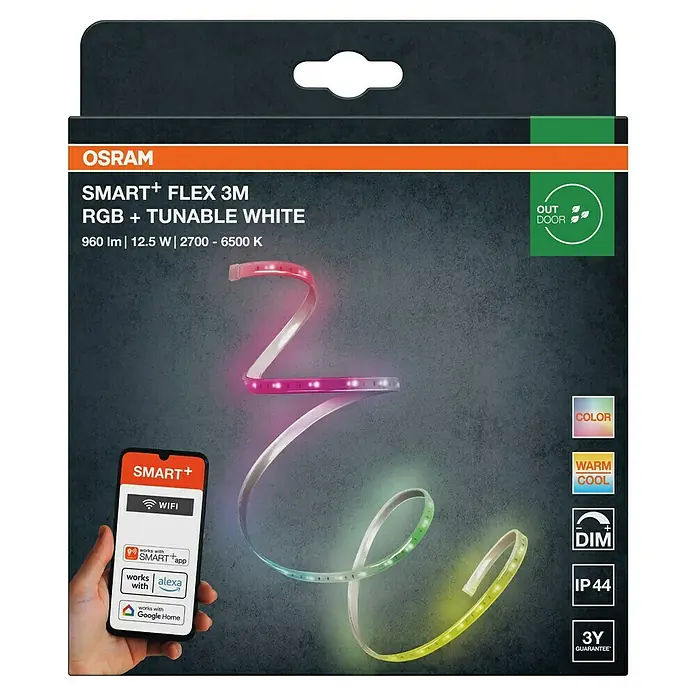 Osram Smart+ LED-Band Flex außen - Länge: 300 cm, Lichtfarbe: RGBW, 12,5 W, 740 lm, 220 V - 240 V - Produktverpackung der OSRAM SMART+ Flex 3M LED-Leuchtstreifen für den Außenbereich mit Farbwechsel und einstellbarem Weißton.