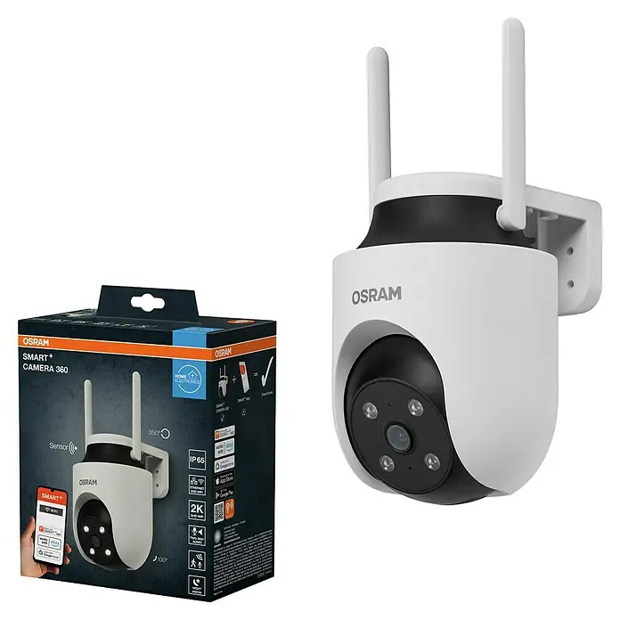 Osram Smart+ Überwachungskamera Outdoor 360 - Passend für: Alarmsystem, Smart Home System - Osram Smart+ Camera 360 Produktbild, das die Kamera und ihre Verpackung zeigt. Die Kamera ist weiß mit schwarzen Akzenten.