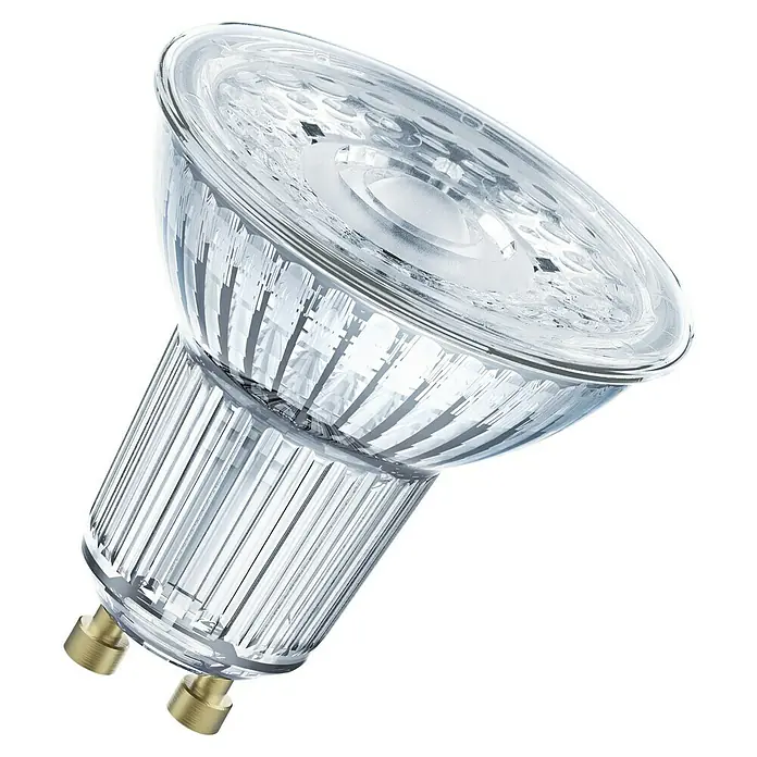 Osram Smart+ Smart-LED-Lampe matter - GU10, Dimmbar, Warmweiß, 350 lm, 4,7 W, 3 Stk. - Nahaufnahme einer MR16-Halogenlampe mit klarem Glas und zwei Stiftkontakten. Sie ist zur Beleuchtung konzipiert.