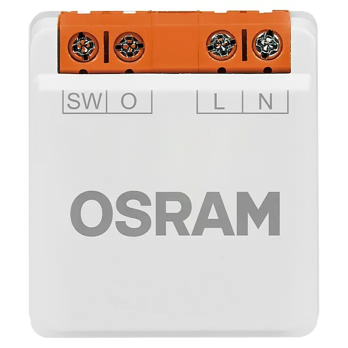 Osram Smart+ Schalter 1CH - Weiß, Innen - Weißes Elektro-Modul mit oranger Schraubklemme. Beschriftet mit SW, O, L, N und OSRAM.